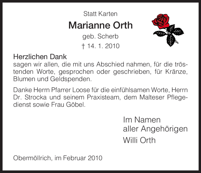  Traueranzeige für Marianne Orth vom 06.02.2010 aus HNA