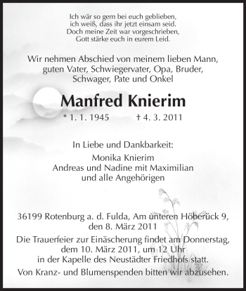 Traueranzeige von Manfred Knierim von HNA
