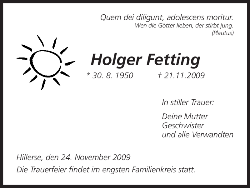  Traueranzeige für Holger Fetting vom 24.11.2009 aus HNA