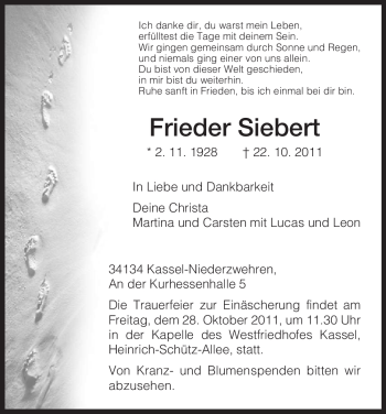 Traueranzeige von Frieder Siebert von HNA