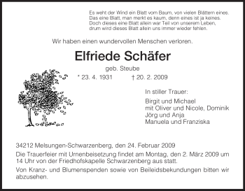 Traueranzeige von Elfriede Schäfer von HNA