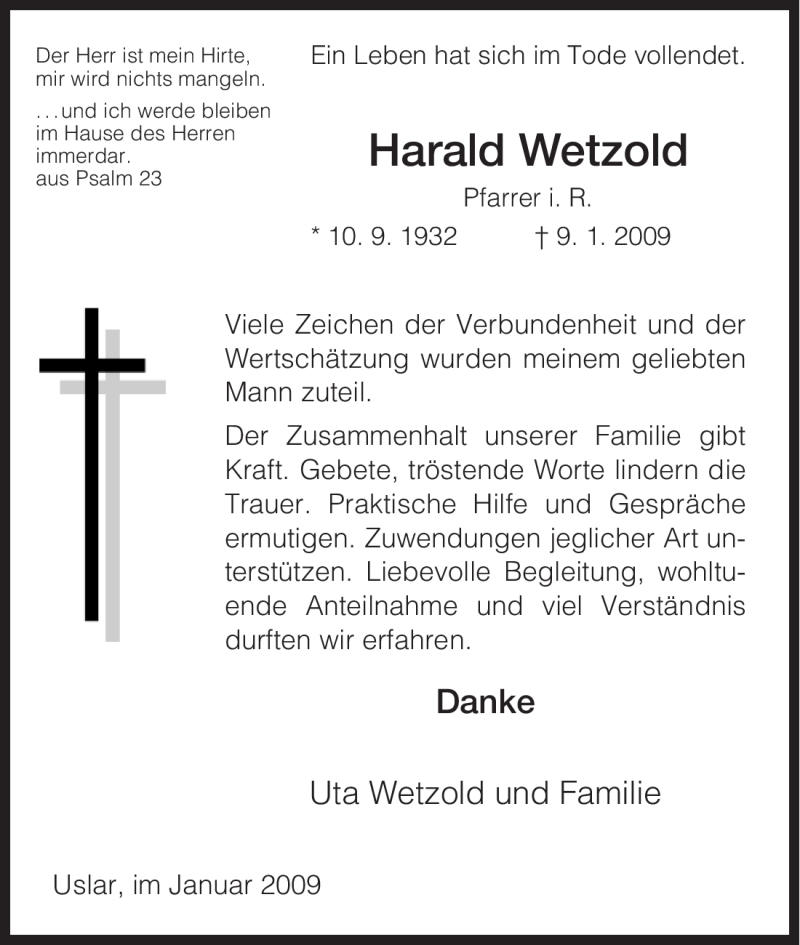  Traueranzeige für Harald Wetzold vom 31.01.2009 aus HNA