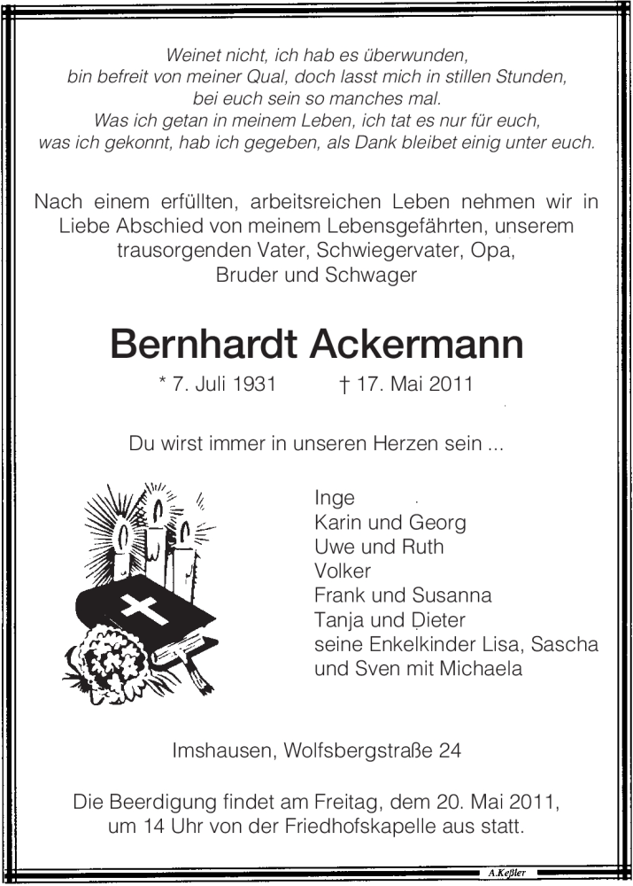  Traueranzeige für Bernhardt Ackermann vom 19.05.2011 aus HNA