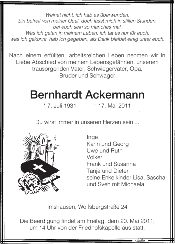 Traueranzeige von Bernhardt Ackermann von HNA