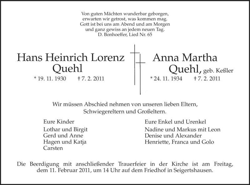  Traueranzeige für Hans Heinrich Lorenz Quehl vom 10.02.2011 aus HNA