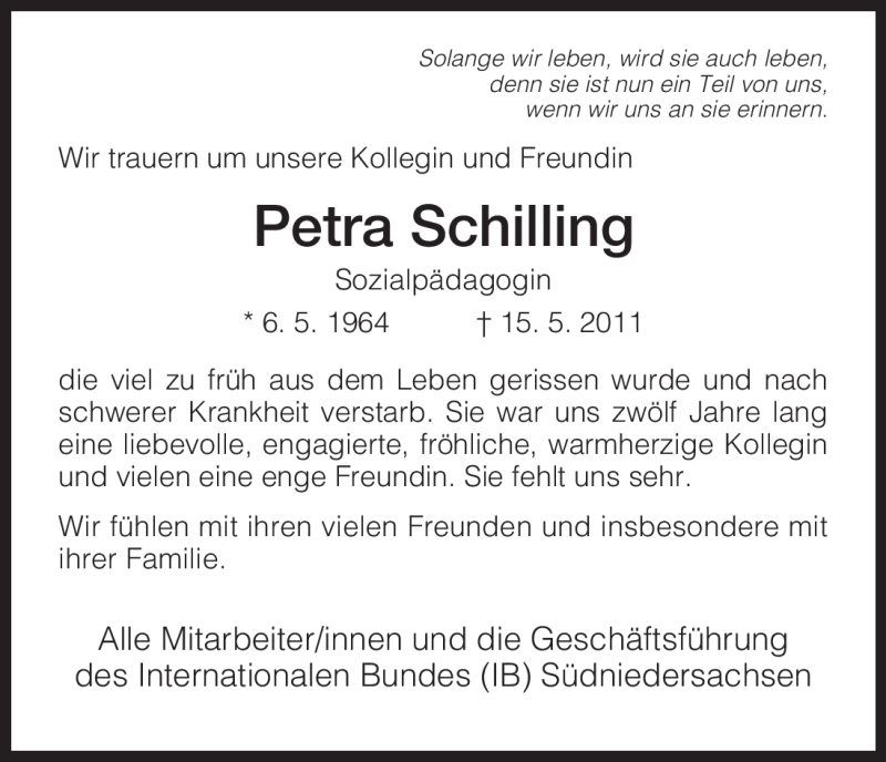  Traueranzeige für Petra Schilling vom 18.05.2011 aus HNA