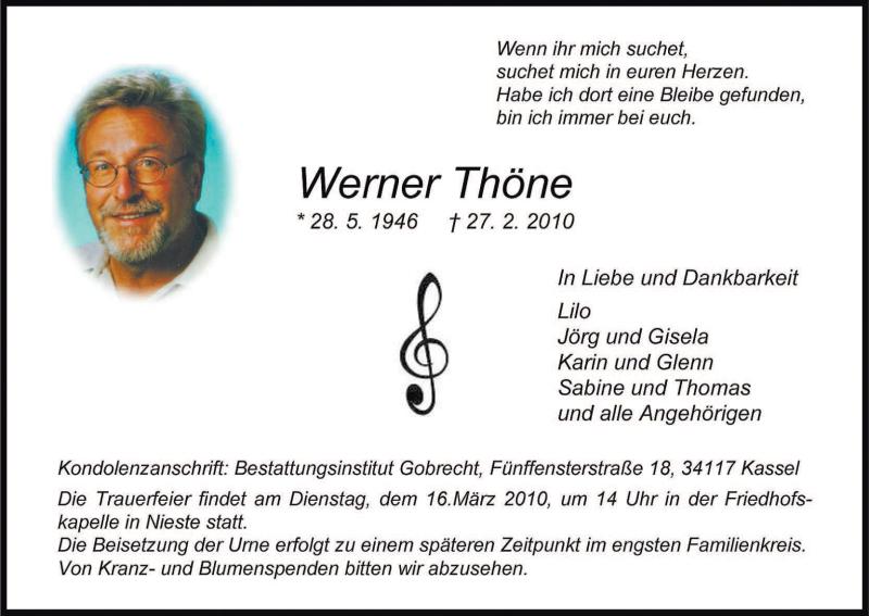  Traueranzeige für Werner Thöne vom 11.03.2010 aus HNA
