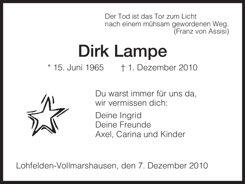  Traueranzeige für Dirk Lampe vom 07.12.2010 aus HNA