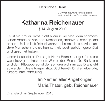 Traueranzeige von Katharina Reichenauer von HNA