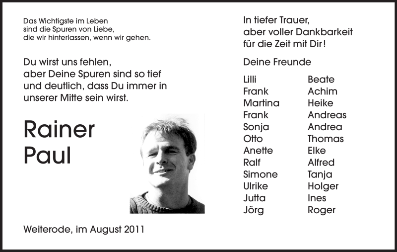  Traueranzeige für Rainer Paul vom 18.08.2011 aus HNA