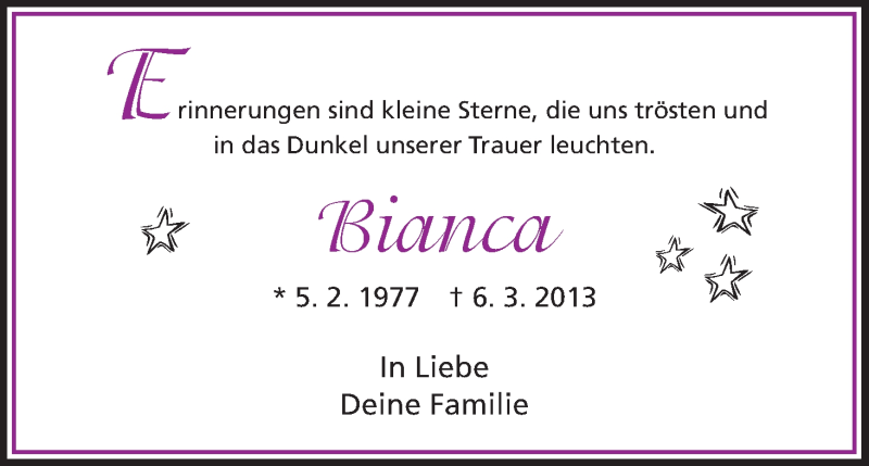  Traueranzeige für Bianca Sippel vom 06.03.2015 aus HNA