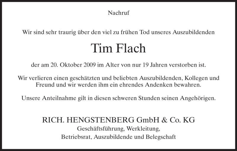  Traueranzeige für Tim Flach vom 28.10.2009 aus HNA