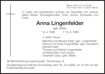 Traueranzeige von Anna Lingenfelder von HNA