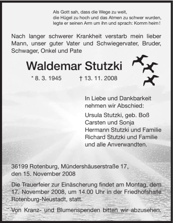 Traueranzeige von Waldemar Stutzki von HNA