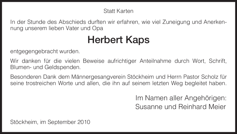 Traueranzeige für Herbert Kaps vom 04.09.2010 aus HNA