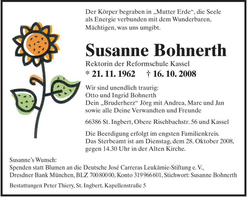  Traueranzeige für Susanne Bohnerth vom 25.10.2008 aus HNA