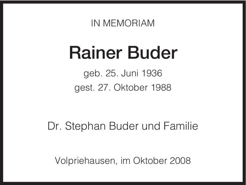  Traueranzeige für Rainer Buder vom 27.10.2008 aus HNA