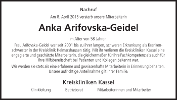 Traueranzeige von Anka Arifovska-Geidel von HNA