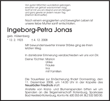 Traueranzeige von Ingeborg-Petra Jonas von HNA