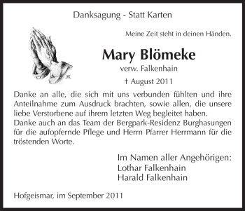 Traueranzeige von Mary Blömeke von HNA