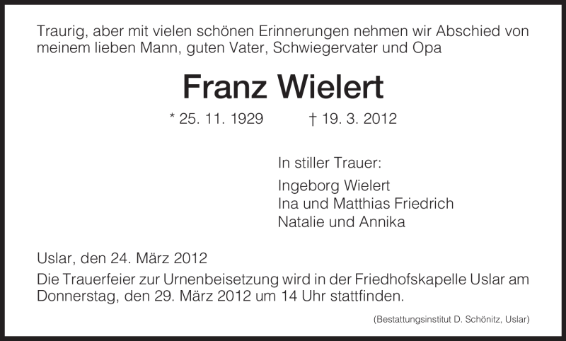  Traueranzeige für Franz Wielert vom 24.03.2012 aus HNA
