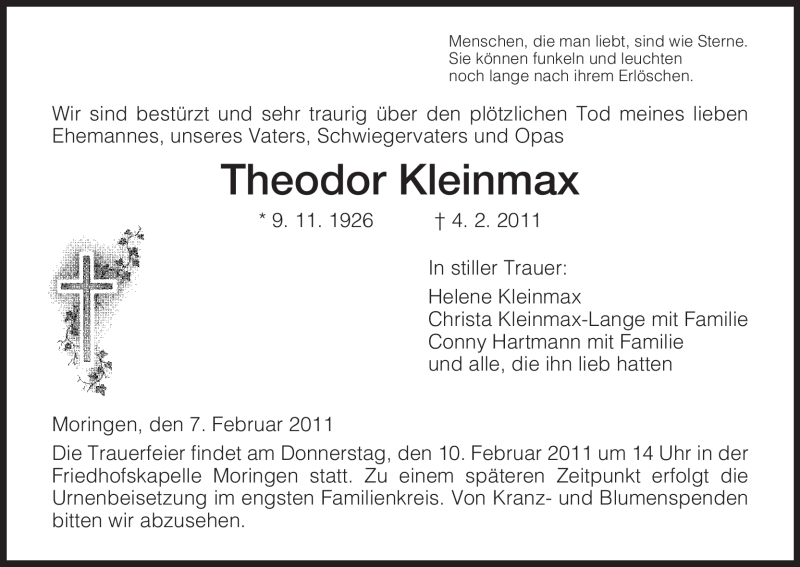  Traueranzeige für Theodor Kleinmax vom 07.02.2011 aus HNA