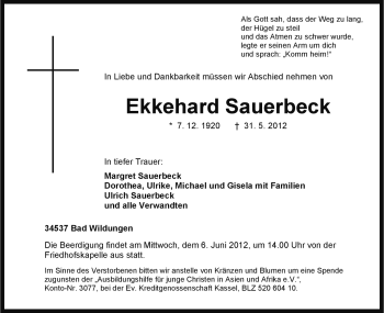 Traueranzeige von Ekkehard Sauerbeck von HNA