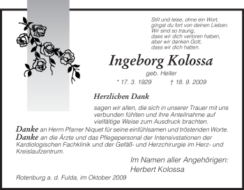 Traueranzeige von Ingeborg Kolossa von HNA