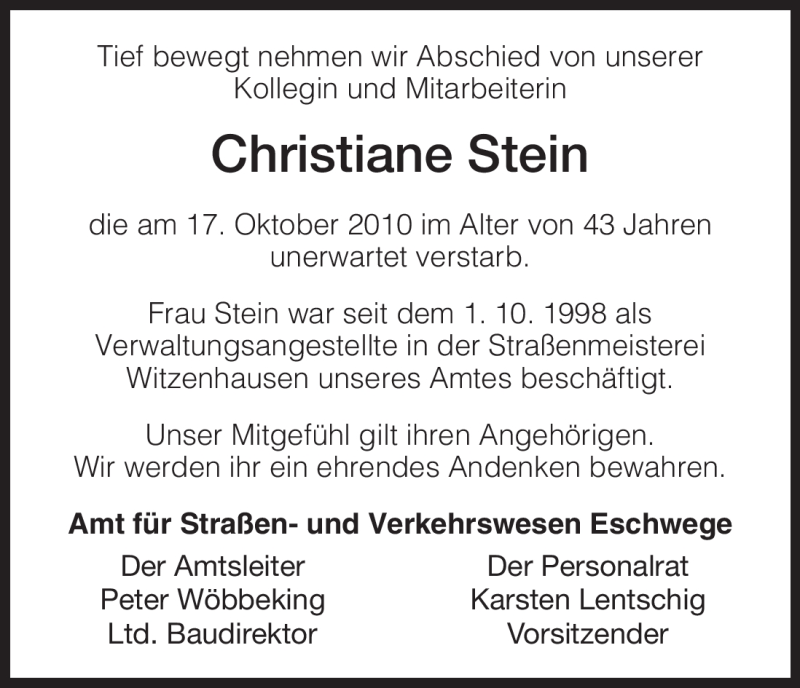  Traueranzeige für Christiane Stein vom 27.11.2010 aus HNA