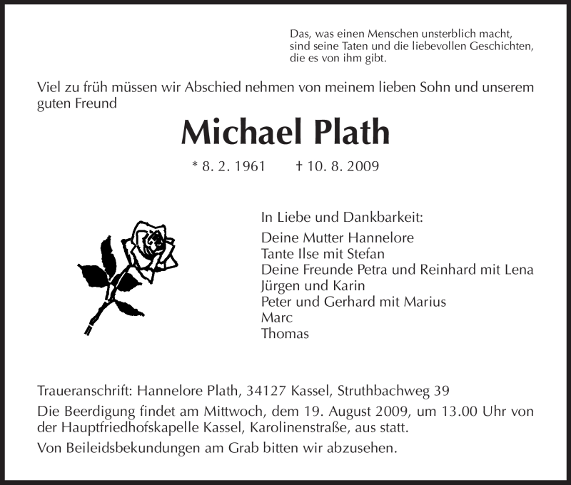  Traueranzeige für Michael Plath vom 15.08.2009 aus HNA