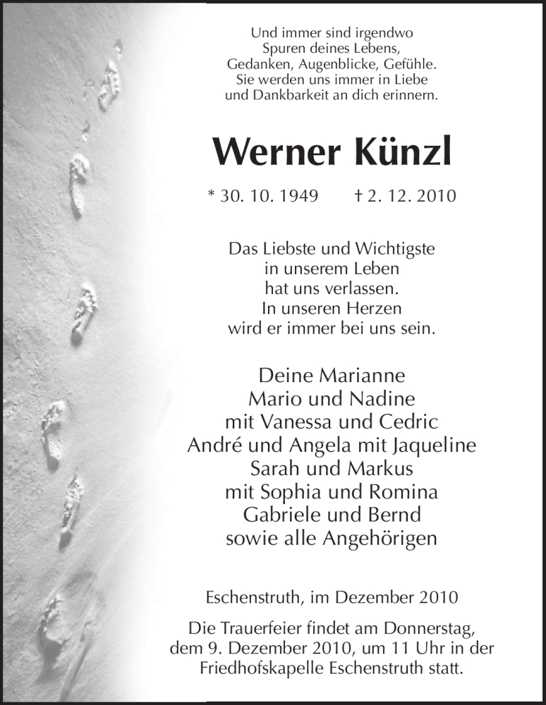 Traueranzeige für Werner Künzl vom 07.12.2010 aus HNA