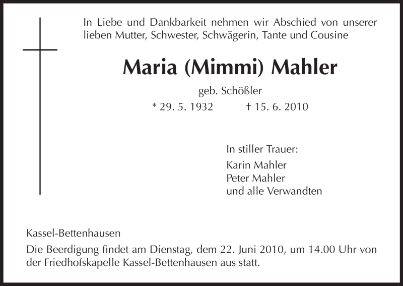  Traueranzeige für Maria Mahler vom 19.06.2010 aus HNA
