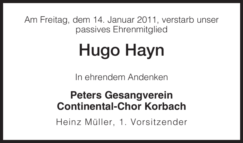  Traueranzeige für Hugo Hayn vom 21.01.2011 aus HNA