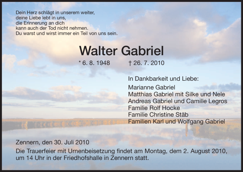  Traueranzeige für Walter Gabriel vom 30.07.2010 aus HNA