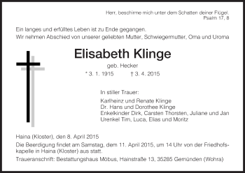 Traueranzeige von Elisabeth Klinge von HNA