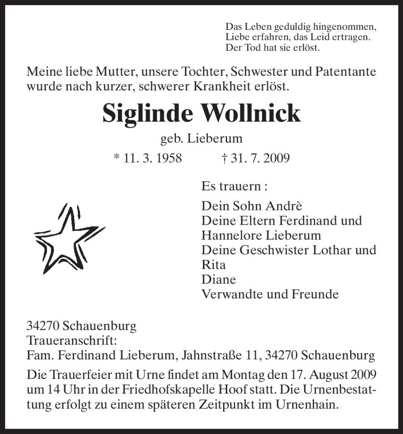  Traueranzeige für Siglinde Wollnick vom 14.08.2009 aus HNA