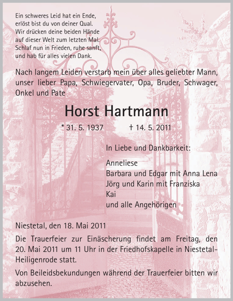  Traueranzeige für Horst Hartmann vom 18.05.2011 aus HNA