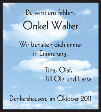 Traueranzeige von Walter Unbekannt von HNA