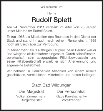 Traueranzeige von Rudolf Splett von HNA