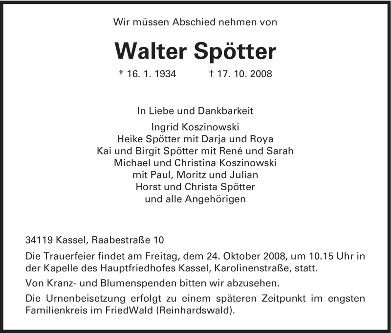  Traueranzeige für Walter Spötter vom 21.10.2008 aus HNA