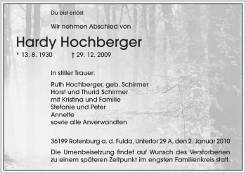 Traueranzeige von Hardy Hochberger von HNA