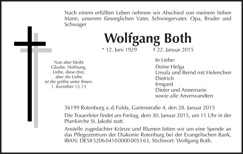 Traueranzeige für Wolfgang Both vom 28.01.2015 aus HNA
