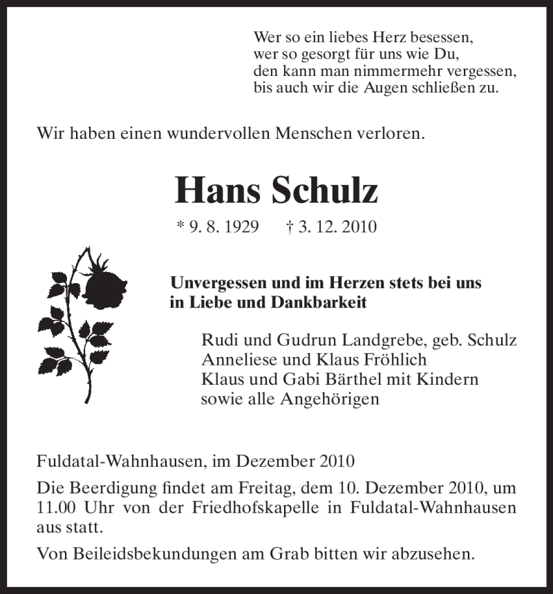  Traueranzeige für Hans Schulz vom 07.12.2010 aus HNA