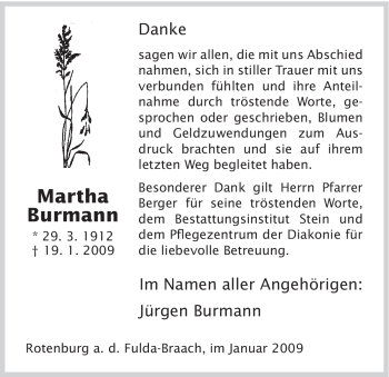 Traueranzeige von Martha Burmann von HNA