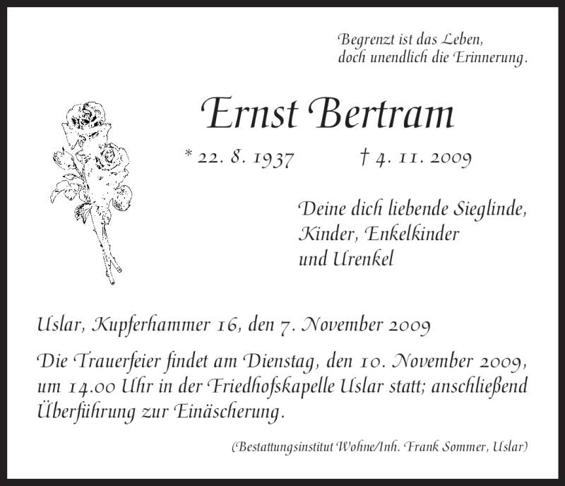  Traueranzeige für Ernst Bertram vom 07.11.2009 aus HNA