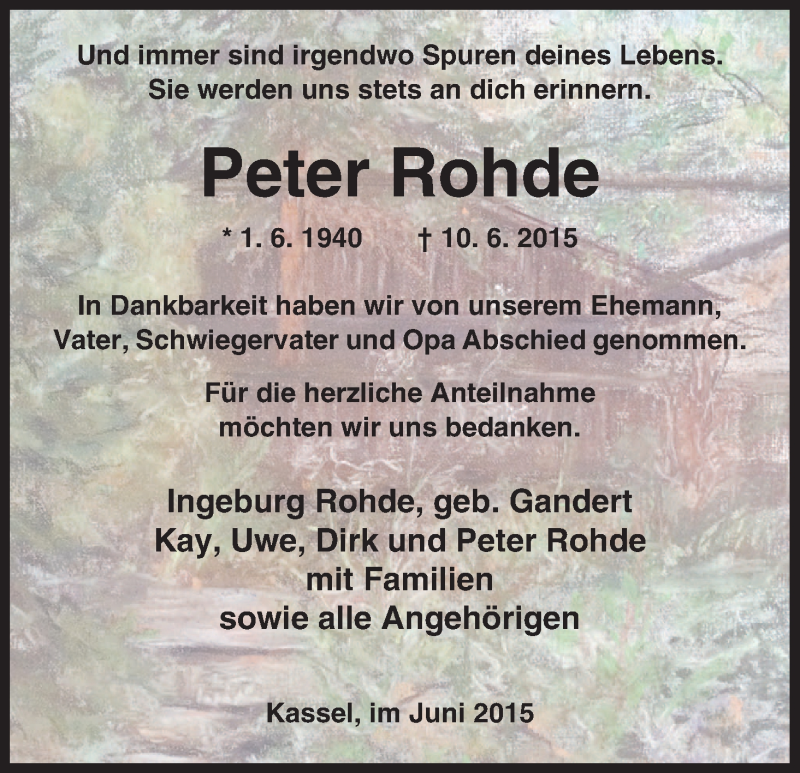  Traueranzeige für Peter Rohde vom 20.06.2015 aus HNA