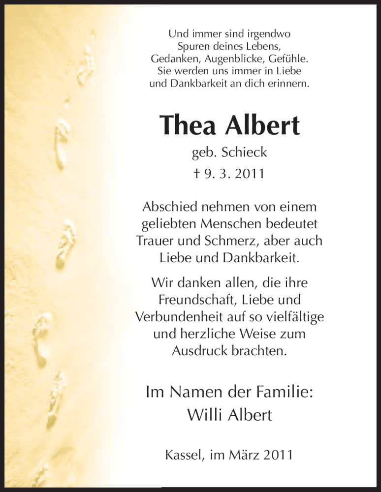  Traueranzeige für Thea Albert vom 26.03.2011 aus HNA