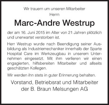 Traueranzeige von Marc-Andre Westrup von HNA