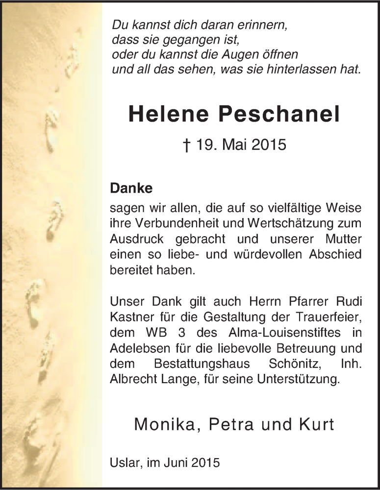  Traueranzeige für Helene Peschanel vom 27.06.2015 aus HNA