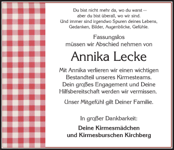 Traueranzeige von Annika Lecke von HNA